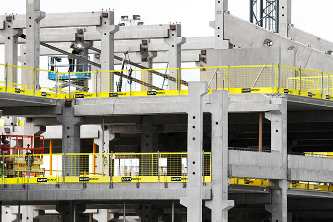 Collective edge protection at precast concrete walls and beams at construction site UK